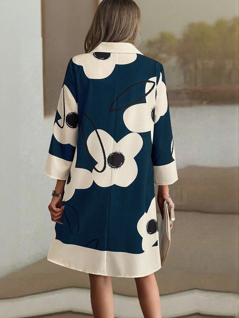 OUTZIDR Navy Blue Abstract Print A Line Dress - Image 2